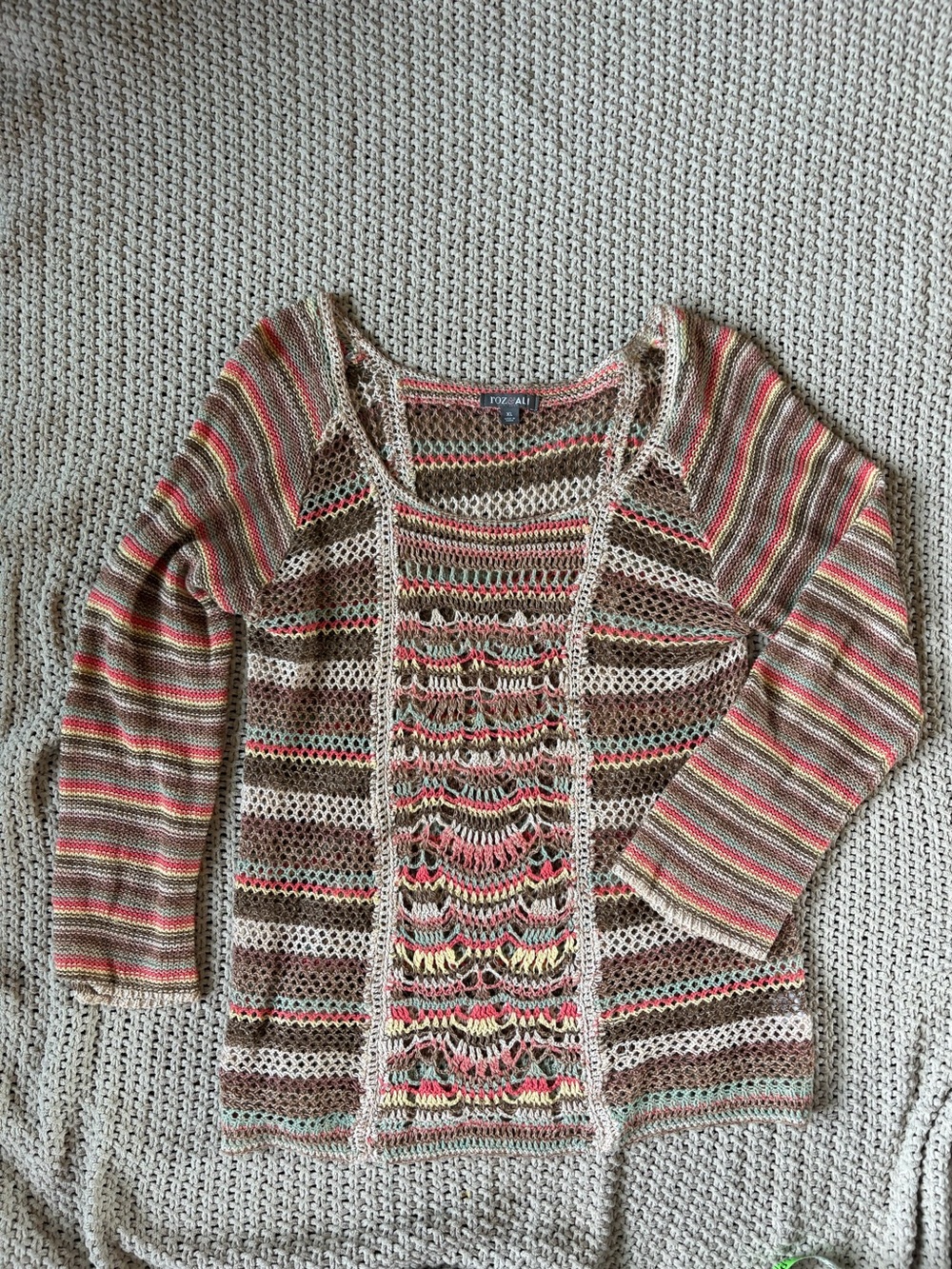 Roz & Ali Multistripe Crochet Scoop Neck Sweater